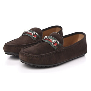 Gucci Suede Web Horsebit Driver Loafers Shoes Cocoa/Green and Red Stripe Mens 11